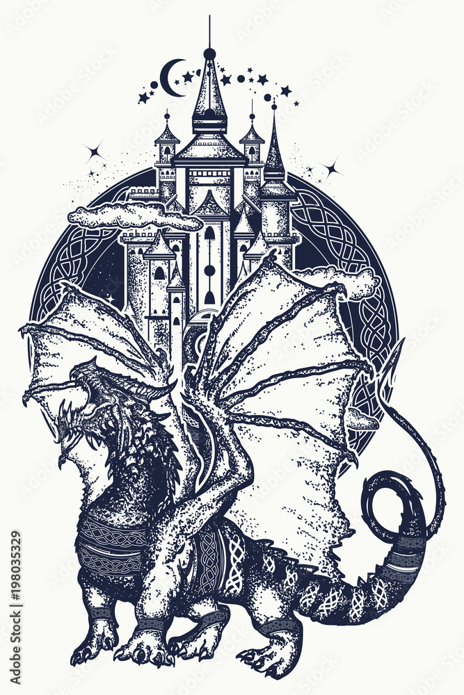 Dragon and castle tattoo art Symbol force fantasy fairy tale Strong  dragon and medieval castle tshirt design Stock Vector  Adobe Stock