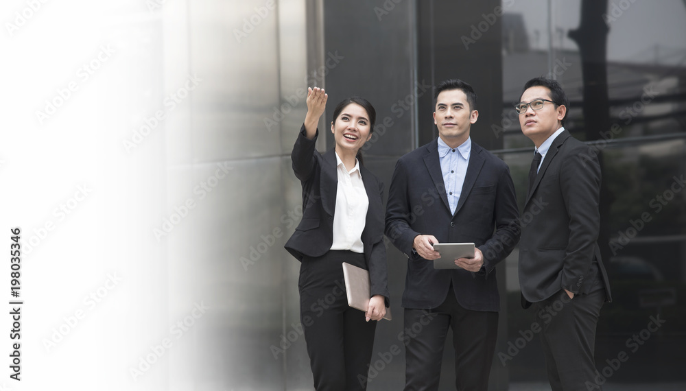 Businessman and businesswoman partner consulting and discussing at outdoor. panoramic banner with copy space. Businessman and businesswoman partner consulting and discussing at outdoor. panoramic banner with copy space.