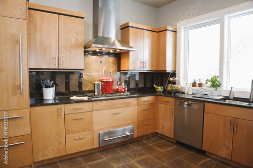 A fitted kitchen interior in a home. 