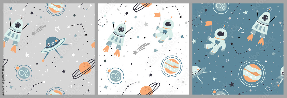 Seamless childish pattern set with hand drawn space elements space ...