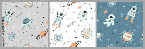 Seamless childish pattern set with hand drawn space elements space, satellite, planet, rocket, stars, space probe, constellations, meteorite, astronaut. Kids flat green, white, grey vector backgrounds