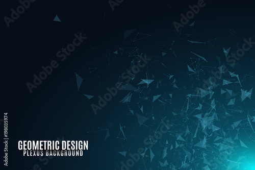 Flying geometric particles on a dark background. Glowing connected triangles. Plexus. Scientific background for your design. Vector illustration