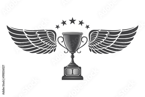 Emblem champion's cup with wings. Sport game icons, logos, badges and design elements in grey color. Victory trophies and awards, isolated on white background.