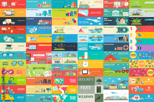 Big collection of banners in flat style. In Set themes business, airport, online workshop, travel, medicine, eco, news, home appliance, farm, food, glasses, city, army, painter, export. Vector design