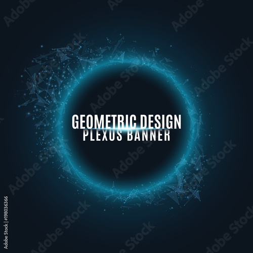 Geometric gravitational glowing banner from flying geometric particles on a dark background. Connected triangles and luminous dust. Scientific background for your design. Vector illustration
