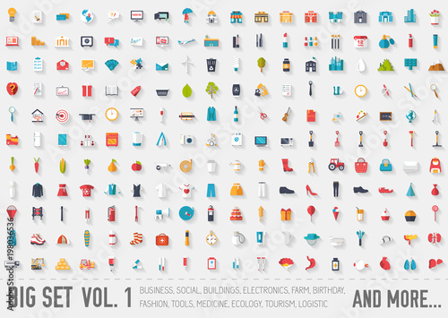 Vol 1. Flat big collection set icon of medical, invent, eco, architect, ranch, equipment, tool, tourism, travel, template, web, office, training, element, city, startup. For infographic illustration