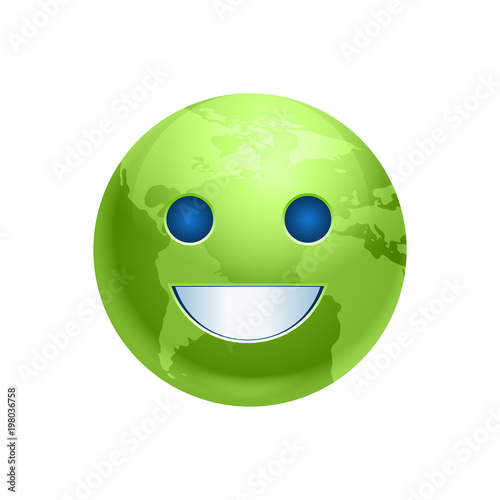 Cartoon Earth Face Green Smile Icon Funny Planet Emotion Flat Vector Illustration