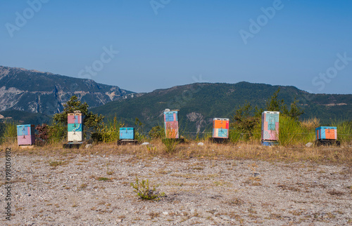 A lot of wooden colorful hives along country road on the mountain background in the Greece