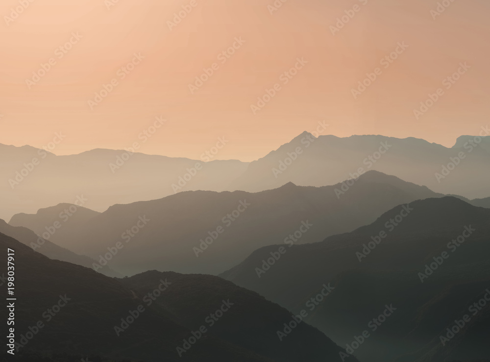 Landscape silhouette of the mountains at sunset. Panorama of peaks mountain in the Greece