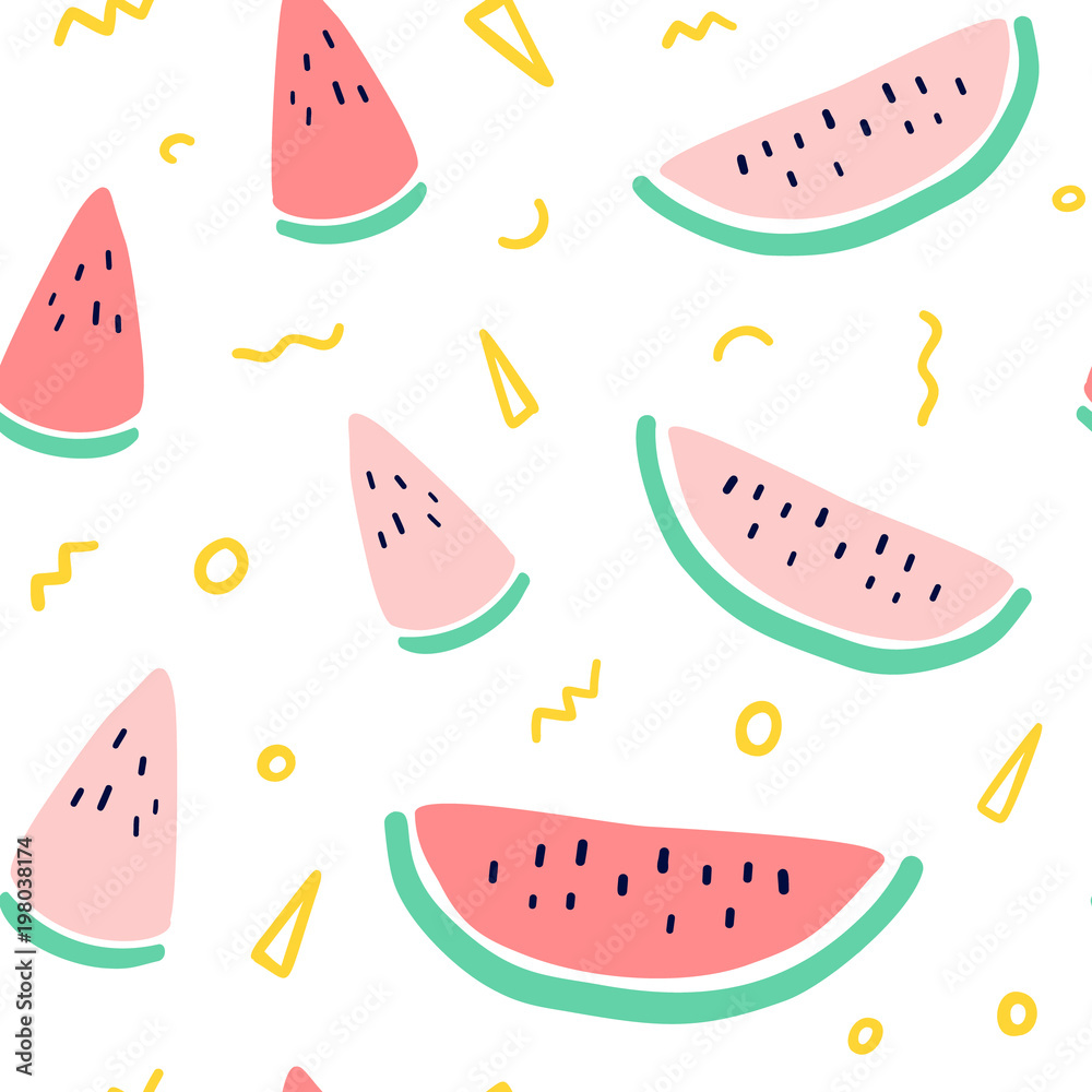 Vector tropical fruit background with watermelon. Summer exotic fruit seamless pattern with memphis style elements Vector tropical fruit background with watermelon. Summer exotic fruit seamless pattern with memphis style elements