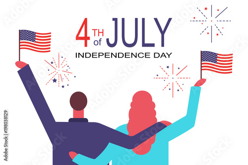 4th of July greeting card. Vector flat concept illustration of the Independence day in the USA. People with American flags in their hands enjoying fireworks isolated on a white background.