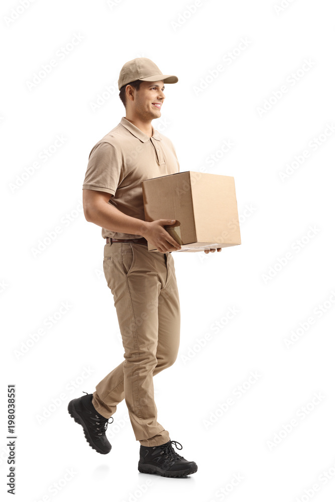 Delivery guy carrying a package and walking Delivery guy carrying a package and walking