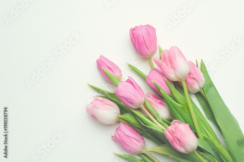 Top view of first spring bouquet of pink tulips on white background with copy space. Beautiful spring background for International Womens day, Mother's day, March 8, Valentines day