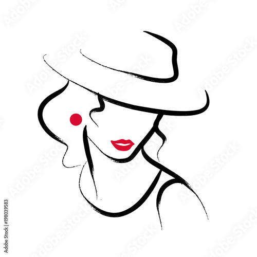 Vector artistic hand drawn stylish young lady portrait isolated on white background. Fashion girl model icon. Woman in hat. Beauty illustration, logo design. Fashion poster, placard, banner.