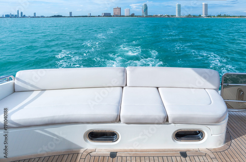 Quadro su tela White sofa set on a luxury yacht stern interior comfortable design for holiday r