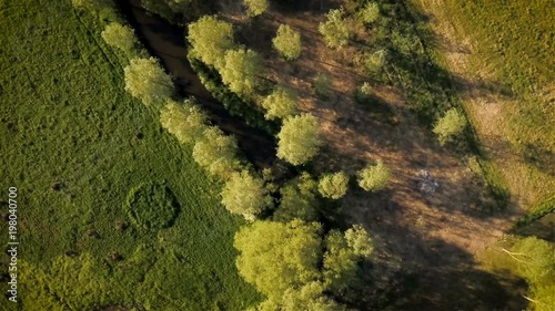 Rural English river; vertical aerial drone view
