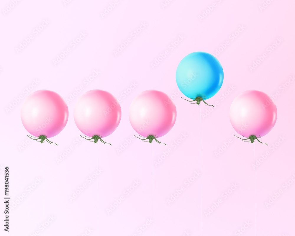 Creative layout outstanding tomato balloon blue concept on pastel pink background.minimal idea business concept. Vegetable idea creatives to produce work and advertising marketing communications