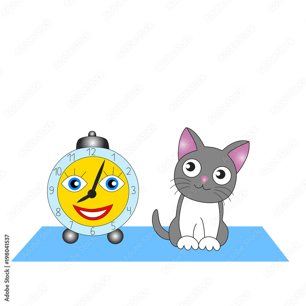Cute cartoon kitten and alarm clock isolated by white.