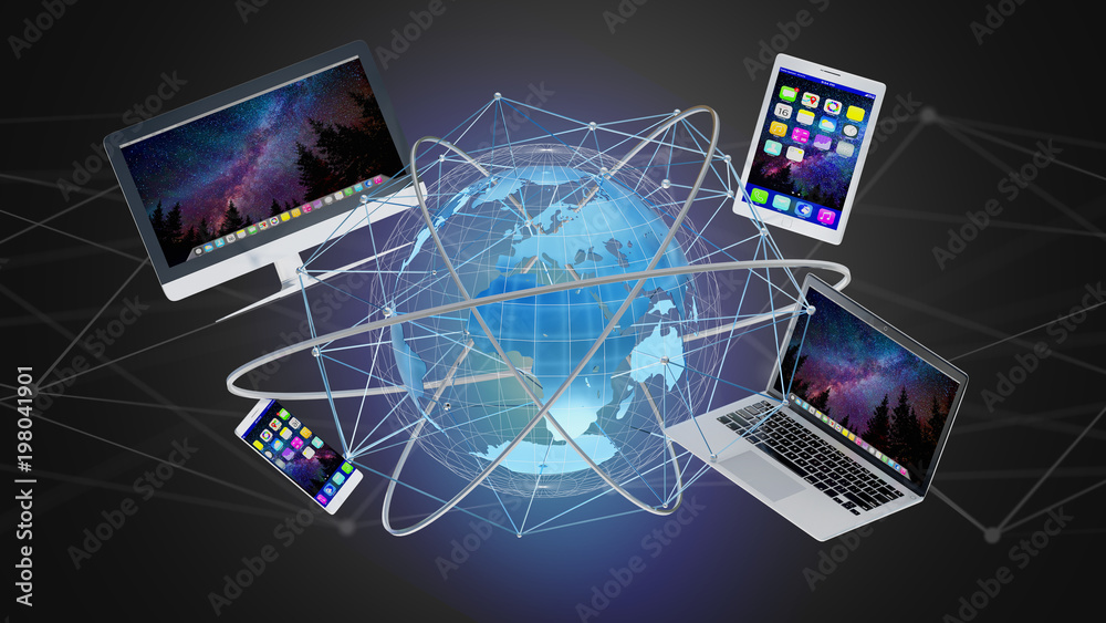 Computer and devices displayed on a futuristic interface with international network - 3d render Computer and devices displayed on a futuristic interface with international network - 3d render