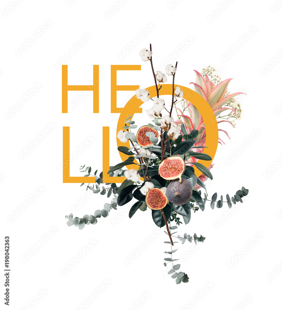 Obraz premium creative collage with pineapple, figs and flowers with sign HELLO
