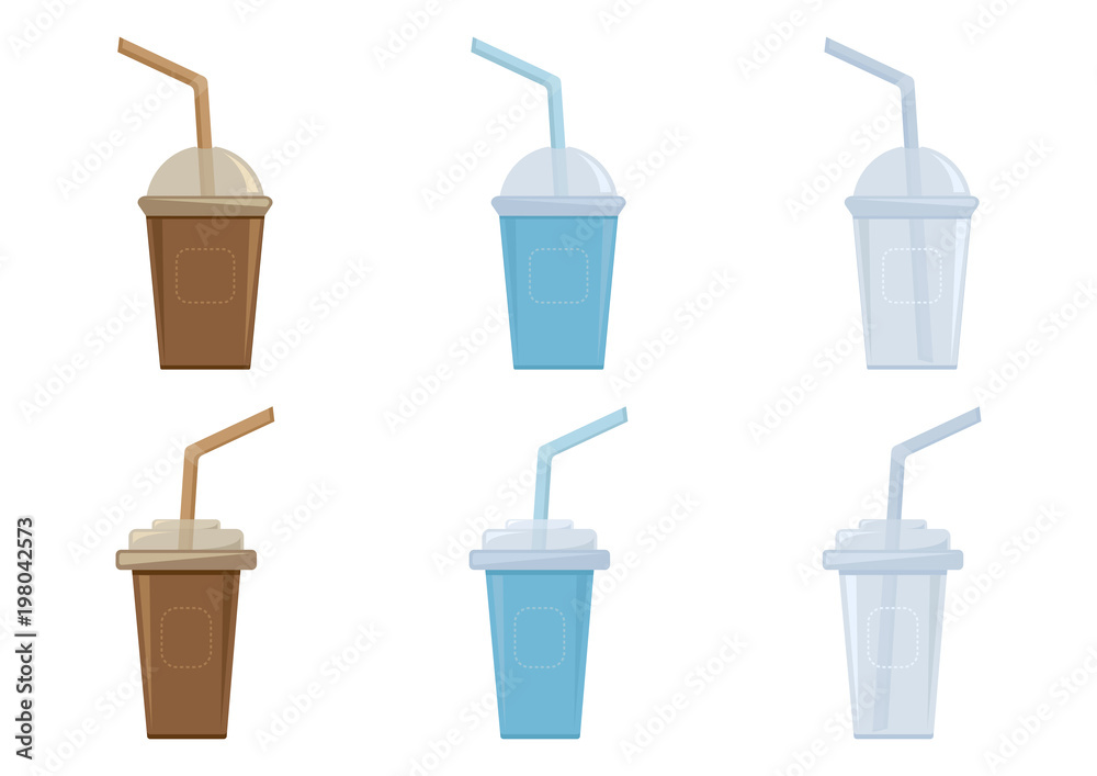 Set of cups with plastic lid and straw for coffee, tea, cappuccino, espresso. Vector illustration Set of cups with plastic lid and straw for coffee, tea, cappuccino, espresso. Vector illustration