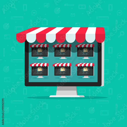 Marketplace online store vector illustration, flat cartoon internet multivendor shop on computer with multi vendor stores, lots of on-line shops on screen, ecommerce technology