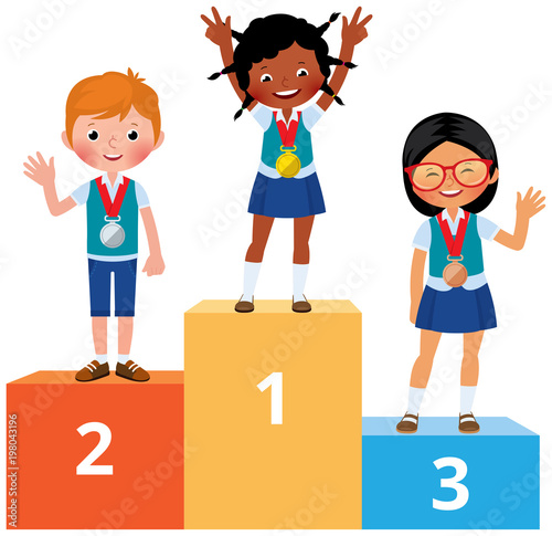 Children students different nationality in school clothes with medals for victory stand on the sports pedestal
