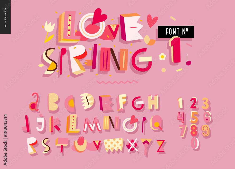 Kids flat alphabet set - Love spring latin font - letters and digits Kids flat alphabet set - Love spring latin font - letters and digits