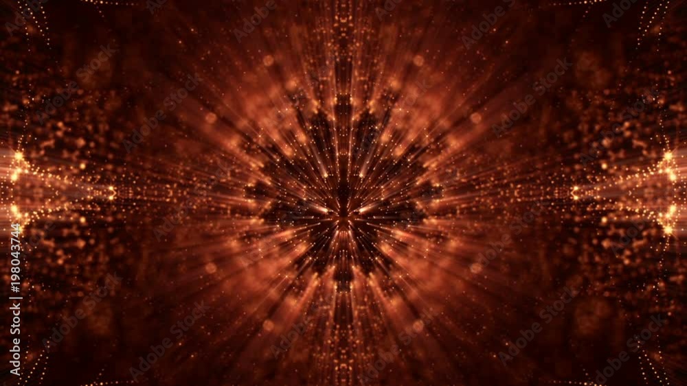3d loop particles animation with depth of field, bokeh and light rays for interesting background or vj loop like microcosm or outer space. Seamless gold abstract background. 1