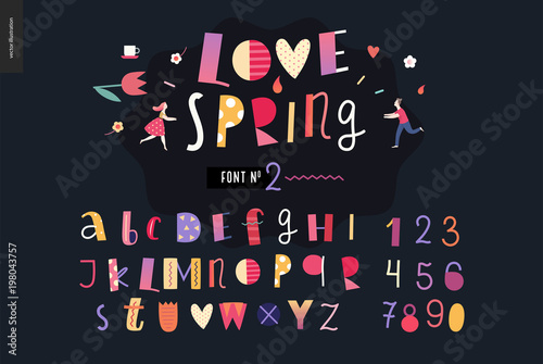Kids flat alphabet set - Love spring latin font - letters and digits