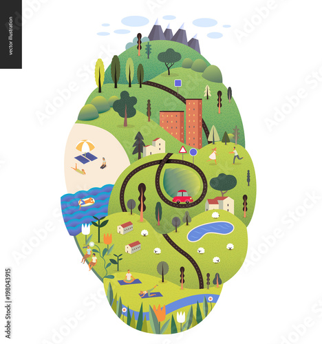 Magical summer landcape - green island with lake, hills, roads, cars, houses and trees, with mountains and clouds above and flowers on foreground. Sheep and resting and doing sport people