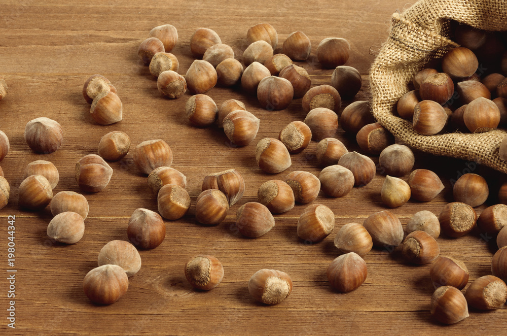 Hazelnuts in a yuta bag on wooden table Hazelnuts in a yuta bag on wooden table