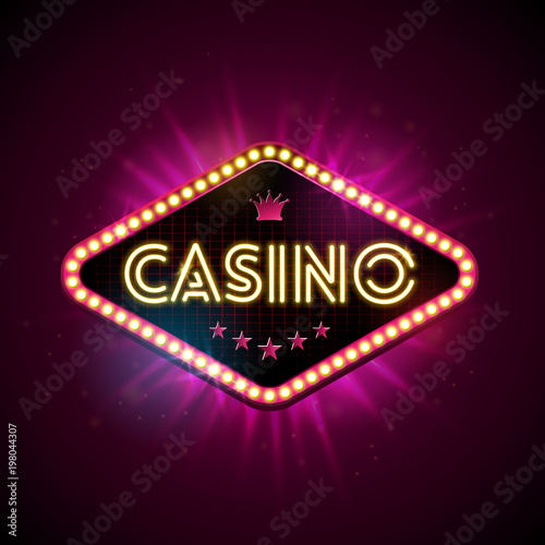 Casino Illustration with shiny lighting display and neon light letter on violet background. Vector gambling design with for invitation or promo banner.