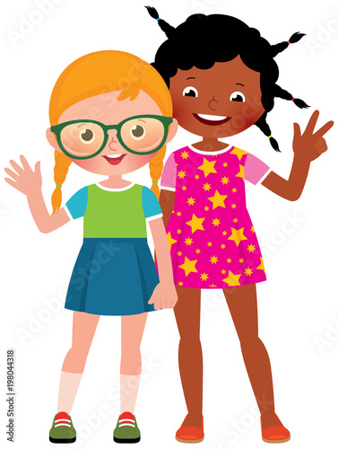 Girl friends Caucasian and African American in full length