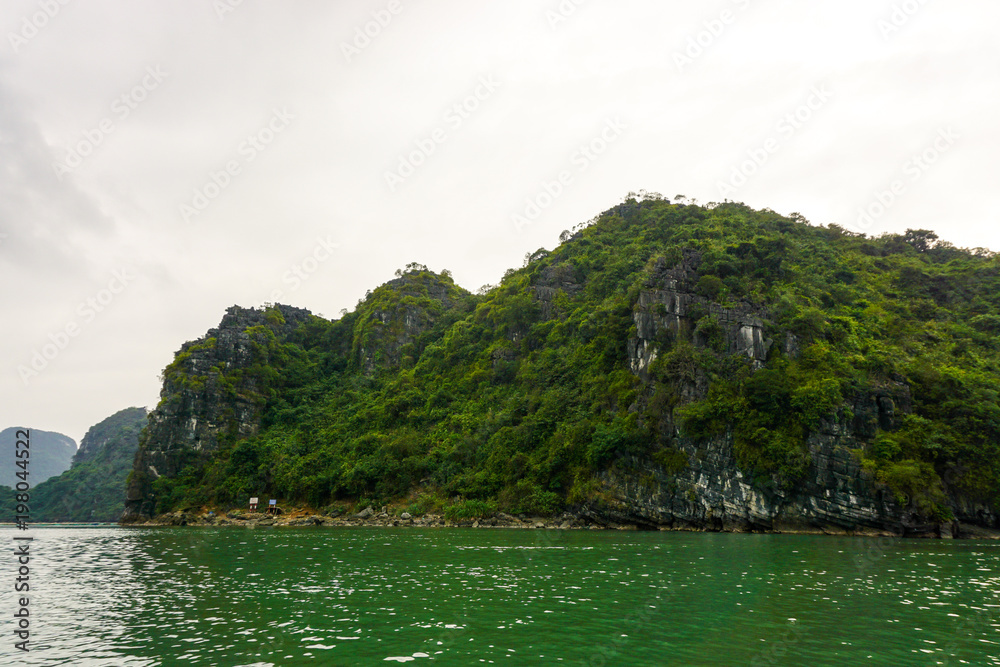 Limestone cliff formations in Halong Bay, Vietnam