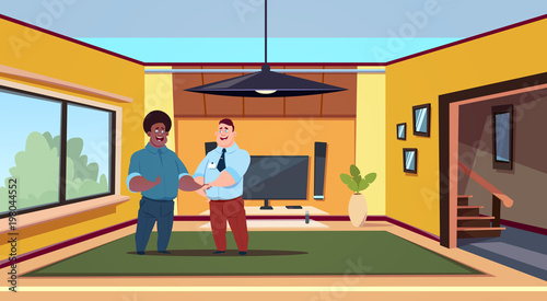 Two Man Agent And New Owner In Modern Living Room Shaking Hands Buying House Concept Flat Vector Illustration