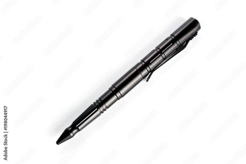 Aluminum self-defense tactical ink pen in black on a white background