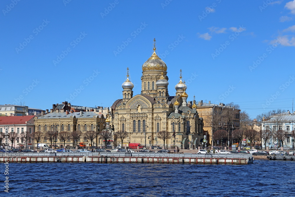 Church of the assumption on the banks of the Neva river on a Sunny day in St. Petersburg