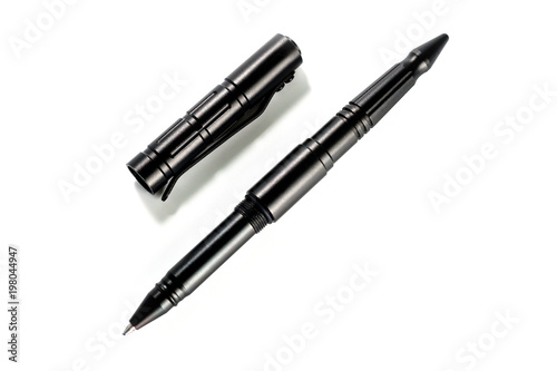 Aluminum self-defense tactical ink pen in black on a white background