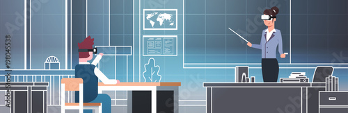 Lesson In Virtual Reality School With Students And teacher Wearing 3d Vr Glasses Flat Vector Illustration