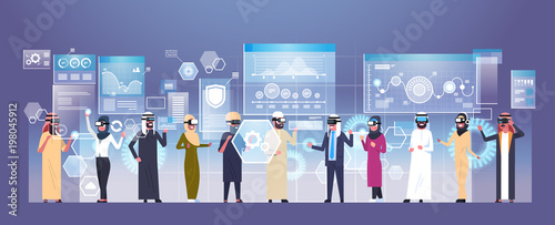 Group Of Arab Business People Wearing Modern 3d Glasses Using Futuristic User Interface Virtual Reality Technology Concept Flat Vector Illustration