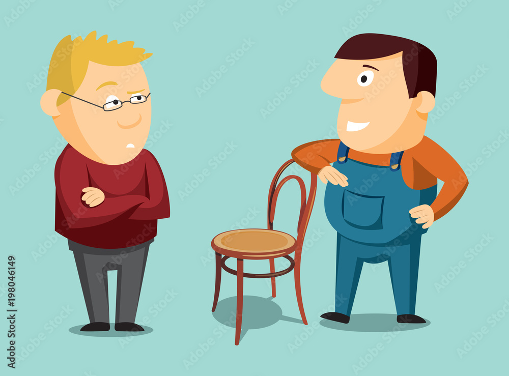 Carpenter presents his quality product to the client. Cartoon vector illustration.