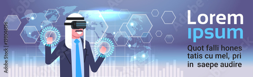 Arab Businessman In Vr Glasses Using Digital Screen Interface With World Map Background Virtual Reality Technology Concept Flat Vector Illustration