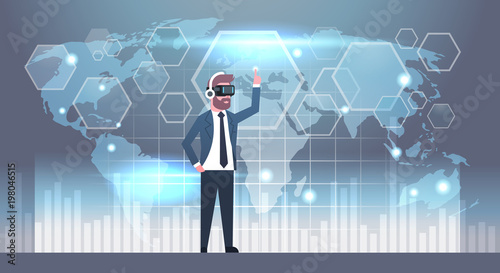 Business Man Wearing 3d Glasses Using Futuristic User Interface With World Map Background Virtual Reality Technology Concept Flat Vector Illustration