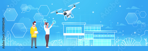 Man And Woman Wearing 3d Virtual Reality Glasses With Modern Drone Quadrocopter Horizontal Banner Flat Vector Illustration