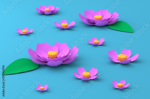 Pink flowers of lotus on the lake paper craft art 3D illustration