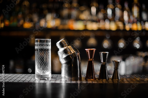 Barman essentials on a blurred background of bar