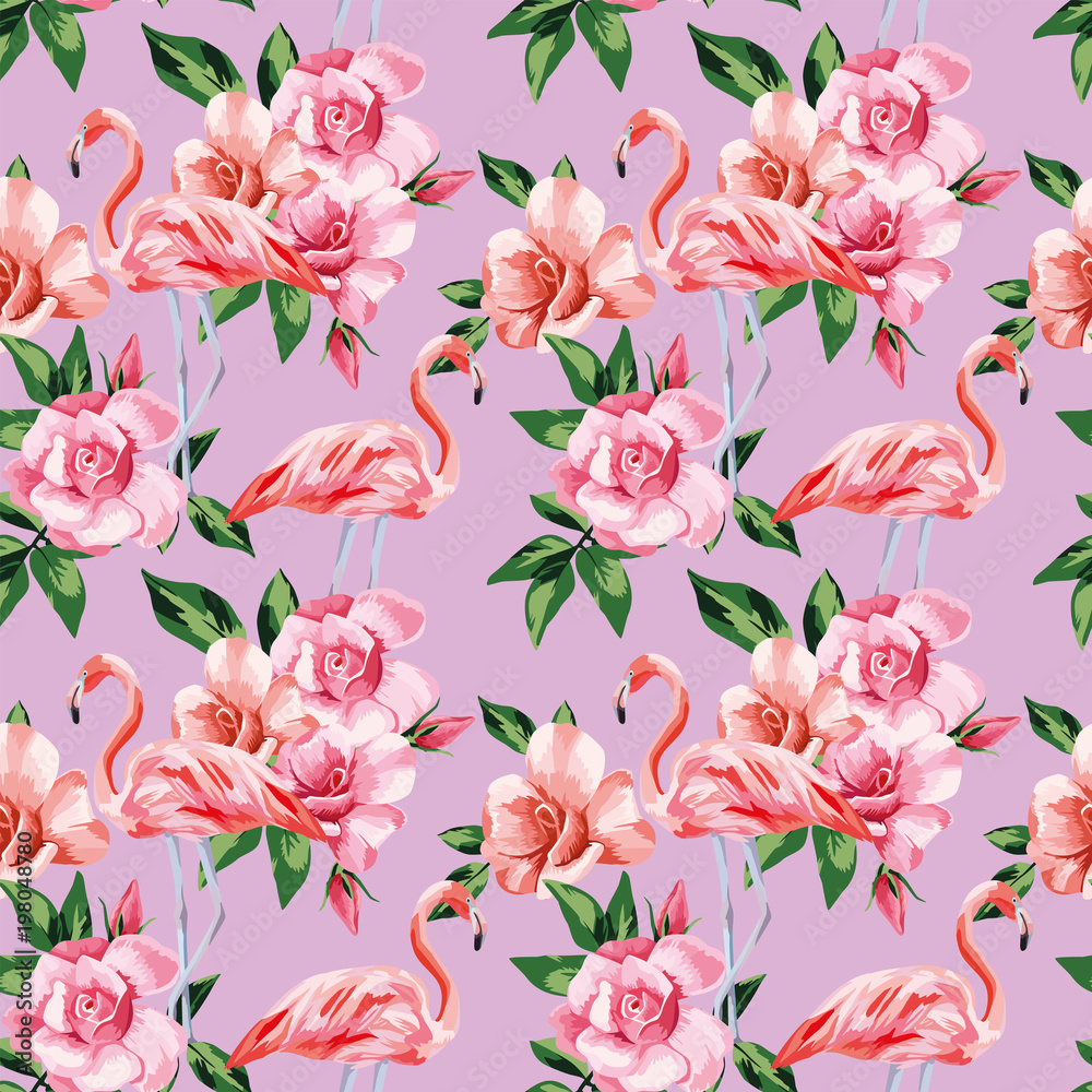 Flamingo rose flowers pink color seamless pattern