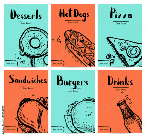 Fast food vintage hand drawn graphic design set. Restaurant menu vector illustration with burger, pizza, dessert, drink, hot dog. Cafe price catalog, junk food retro poster with snack linear sketches