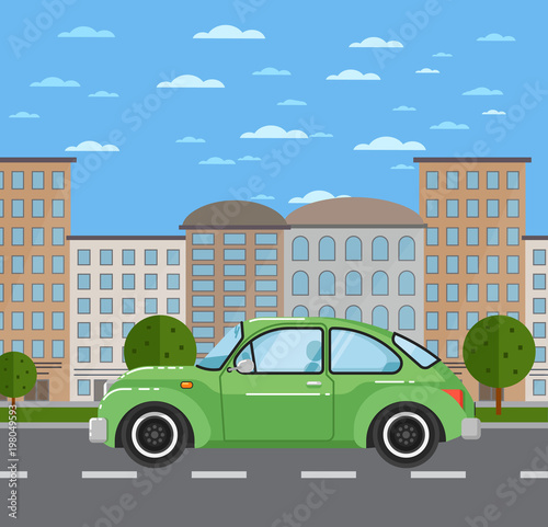 Classic retro car in urban landscape. Vintage old school family auto vehicle  people transportation concept. City street road traffic vector illustration  cityscape background with skyscrapers.